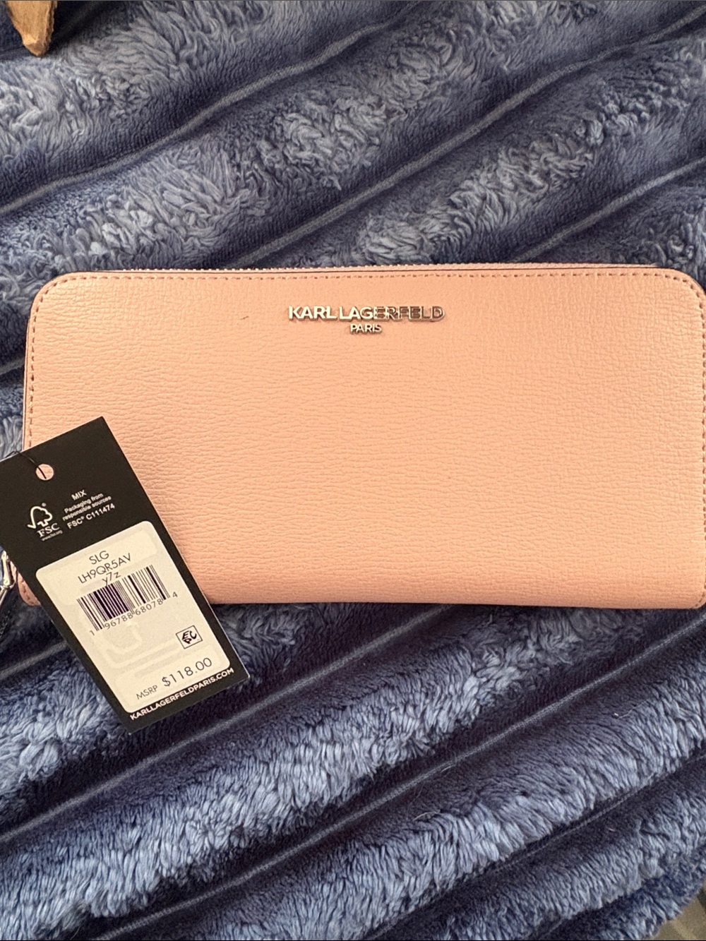 Karl Lagerfeld Pale Pink Zip-Around Pebbled Leather Wallet